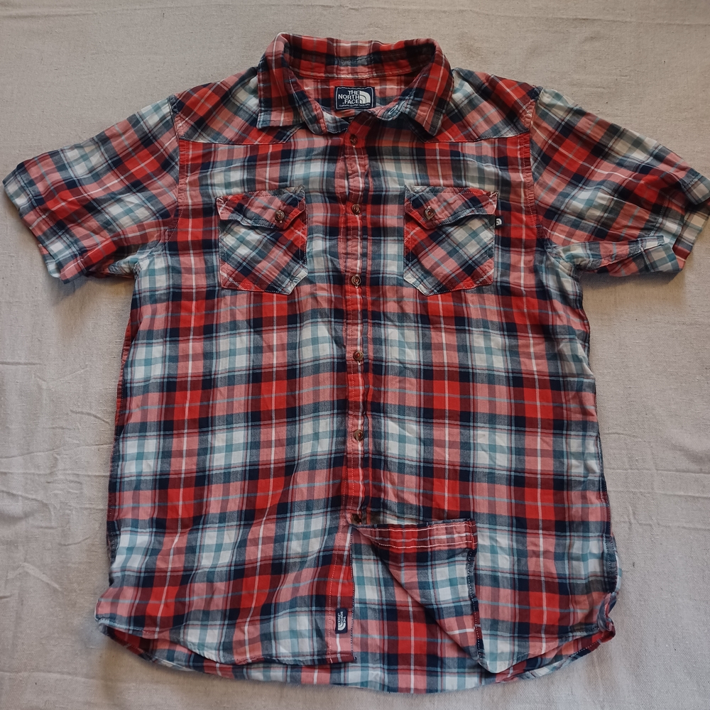 The North Face Orange/Blue Plaid Short Sleeve Button Up Shirt Men's Size Medium